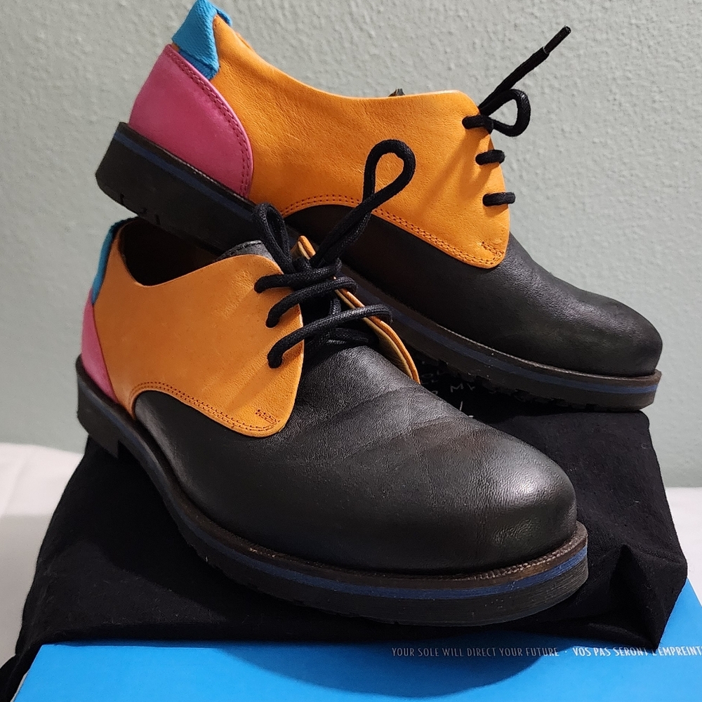 John Fluevog Orange and Black Flats with Unique Design